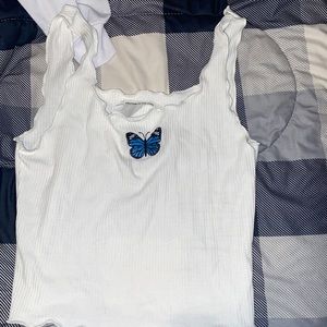 White Crop Top Cami with Blue Butterfly